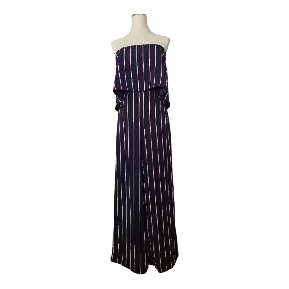 Do + Be Strapless Wide Leg‎ Jumpsuit Navy Red Stripe Women’s Size M NWT Open Bk